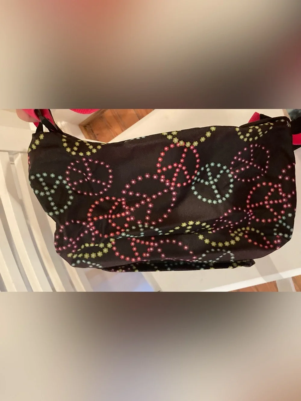Black Peace Sign Floral Print Backpack with Pink Accents